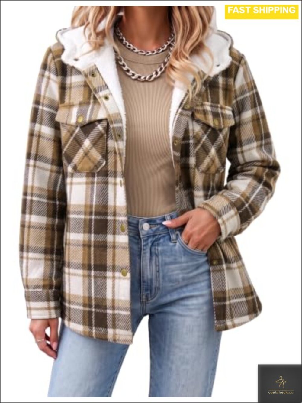 Women's Fleece Lined Hooded Plaid Shacket Button Down Warm Coat